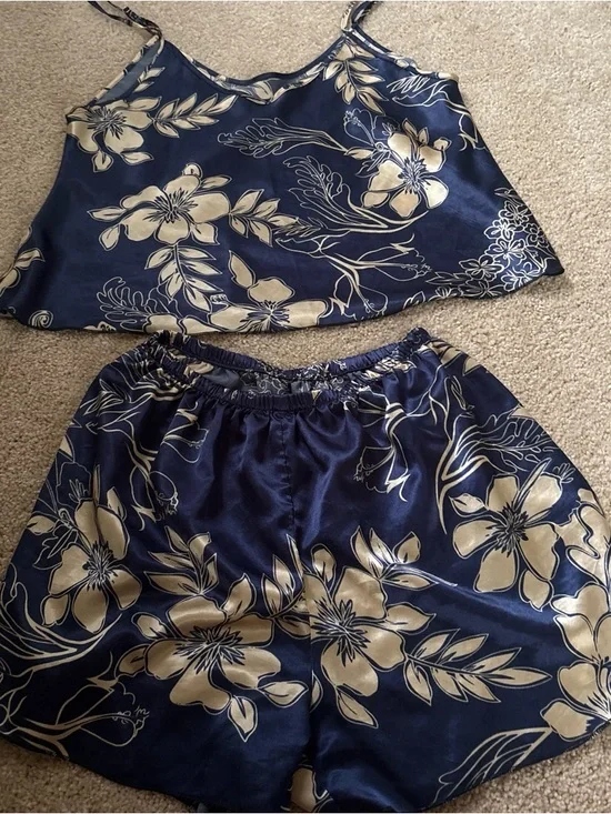 Silky Navy Blue & Gold Floral Cami Short Set - Picture 5 of 5